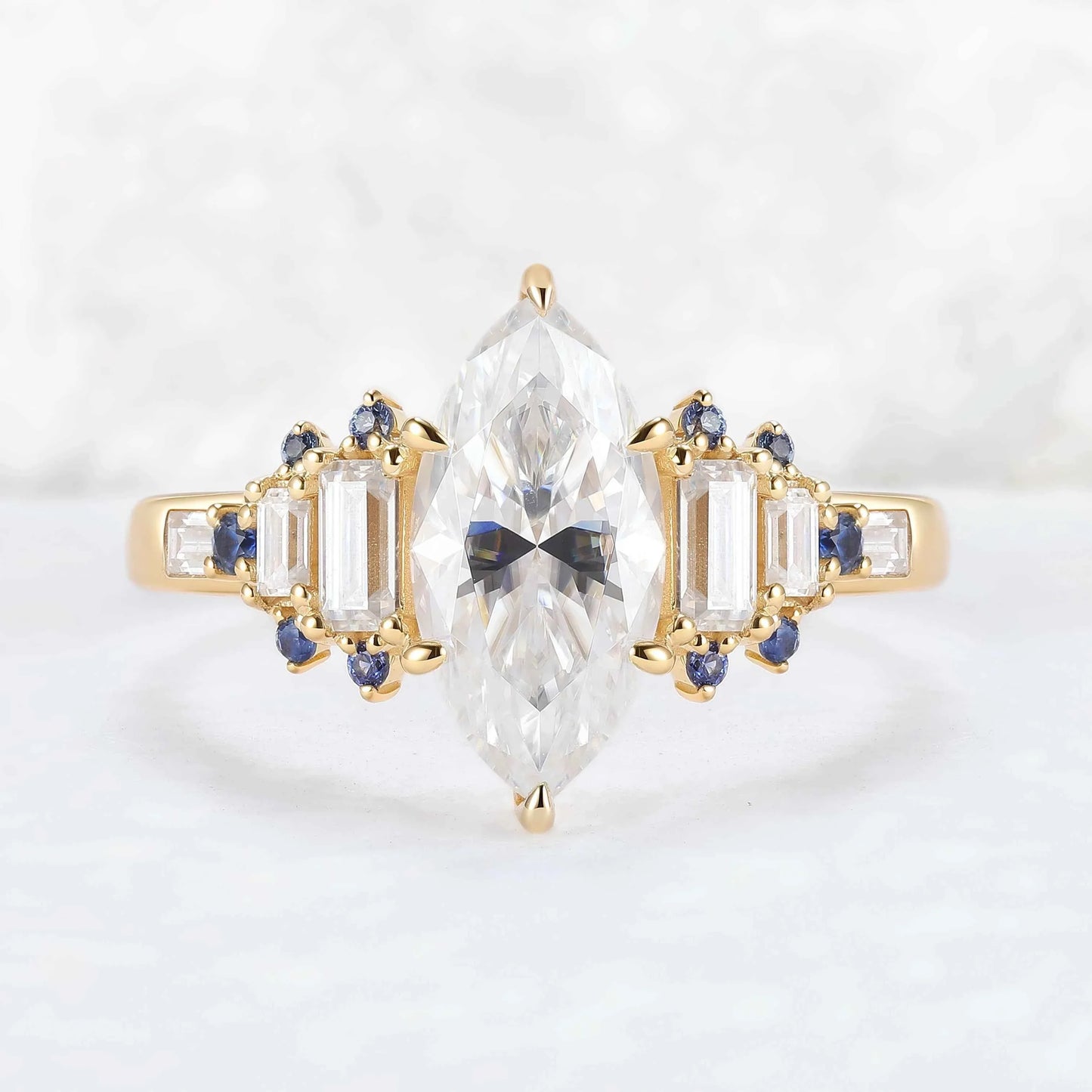 Cluster Marquise Cut Moissanite and Round Cornflower Sapphire Gemstone Ring