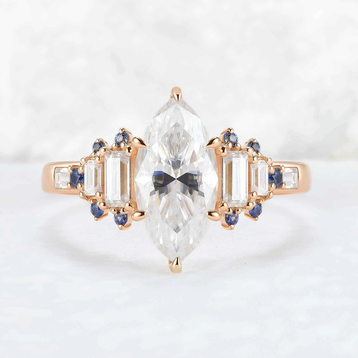 Cluster Marquise Cut Moissanite and Round Cornflower Sapphire Gemstone Ring