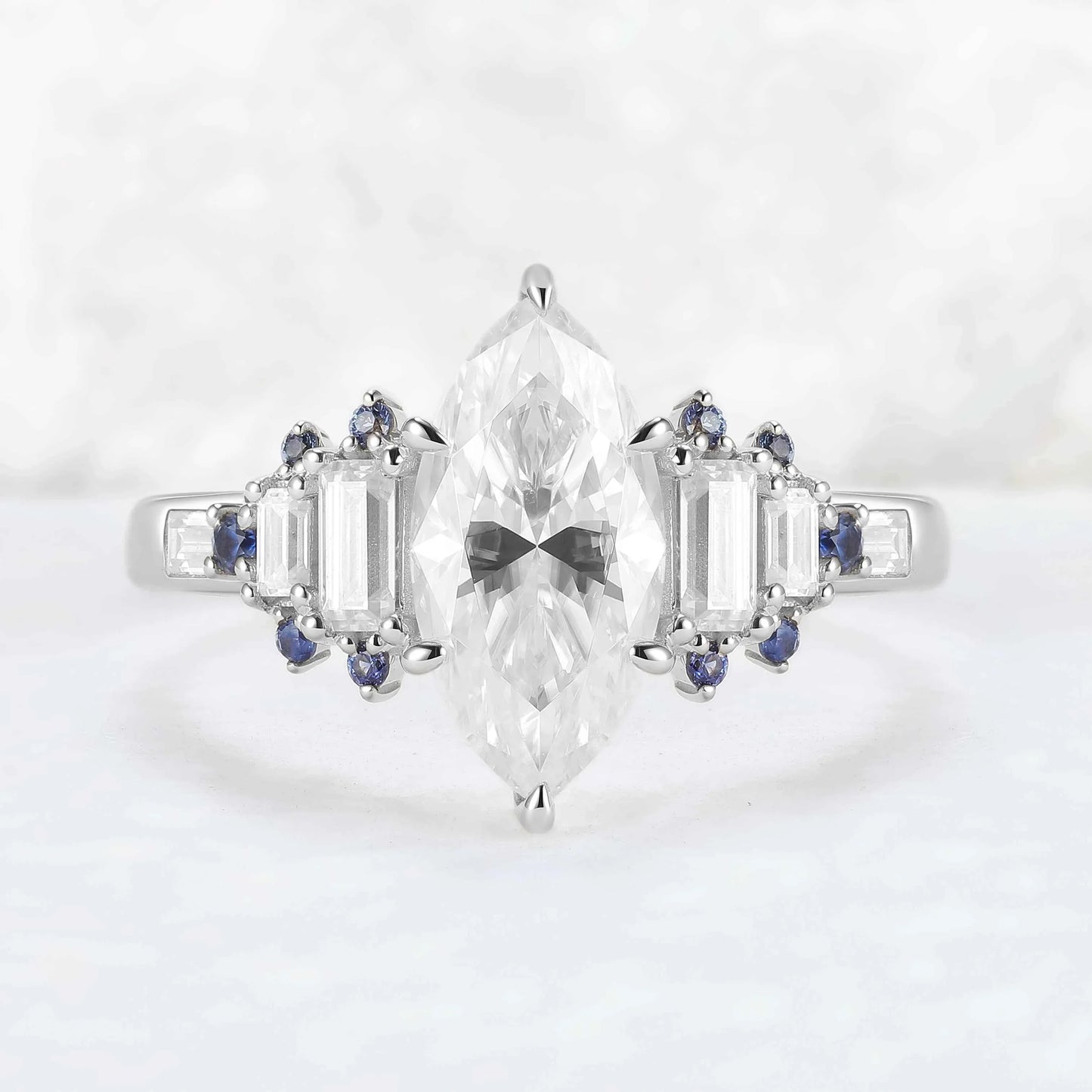 Cluster Marquise Cut Moissanite and Round Cornflower Sapphire Gemstone Ring