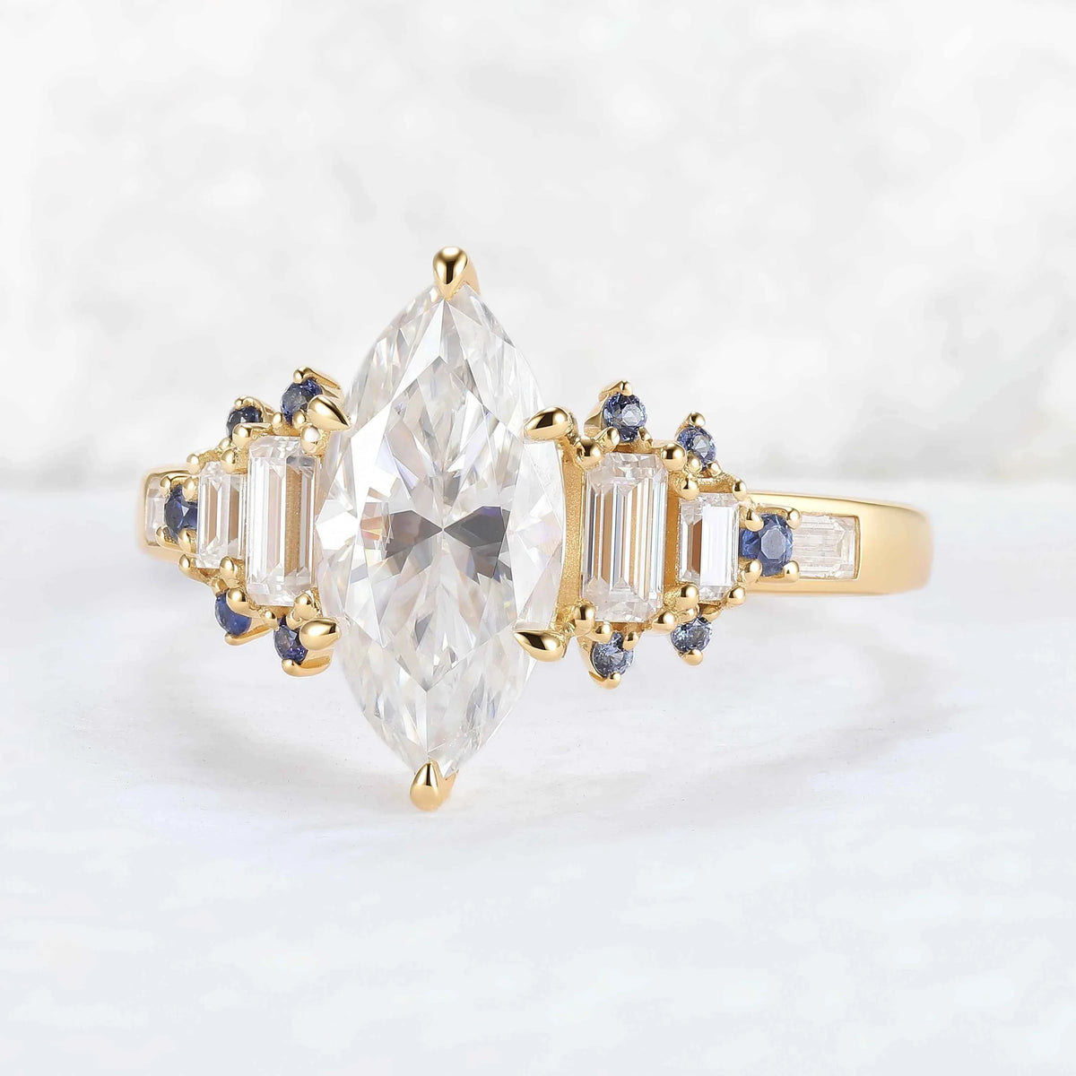 Cluster Marquise Cut Moissanite and Round Cornflower Sapphire Gemstone Ring
