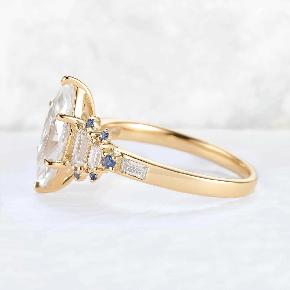 Cluster Marquise Cut Moissanite and Round Cornflower Sapphire Gemstone Ring