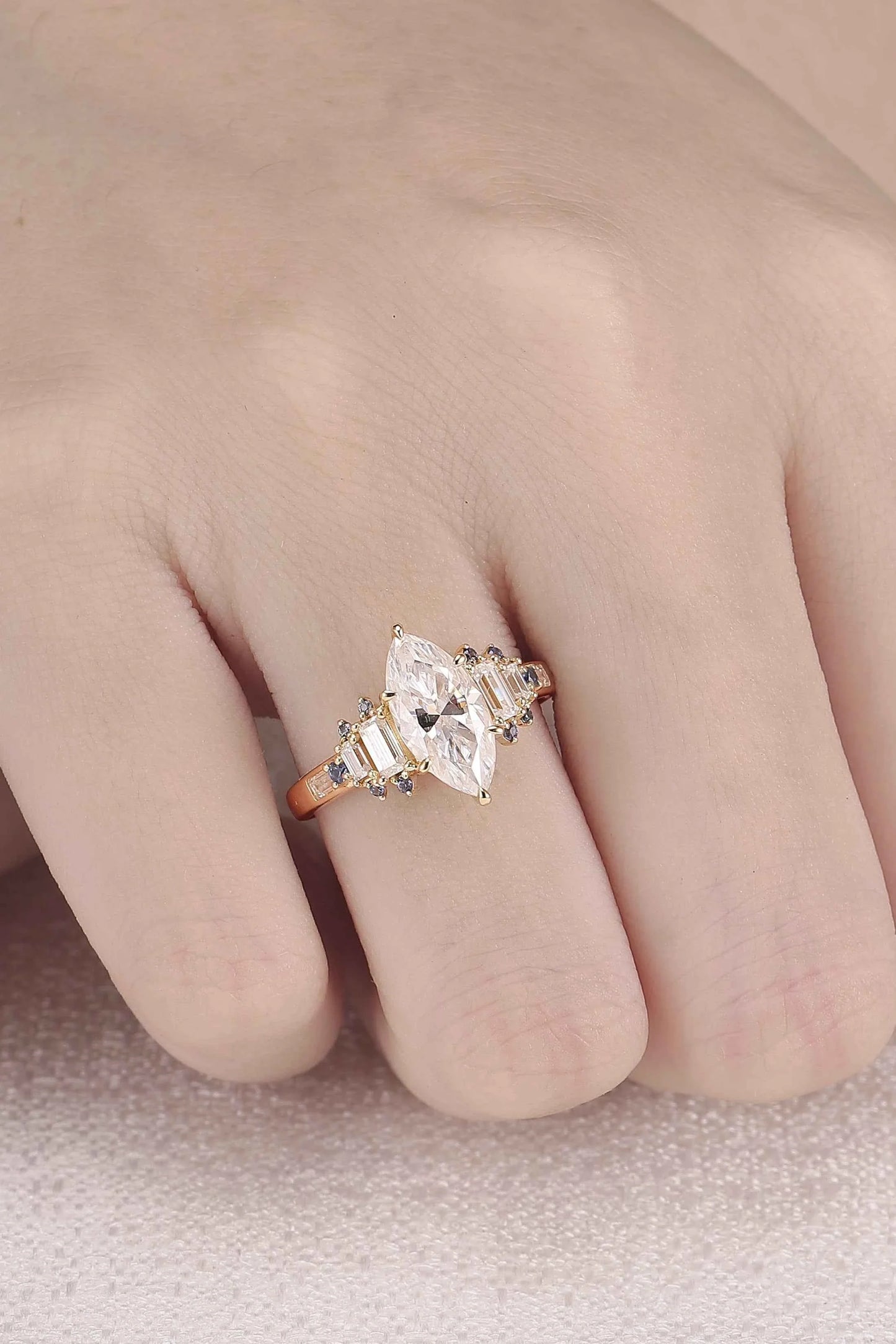 Cluster Marquise Cut Moissanite and Round Cornflower Sapphire Gemstone Ring