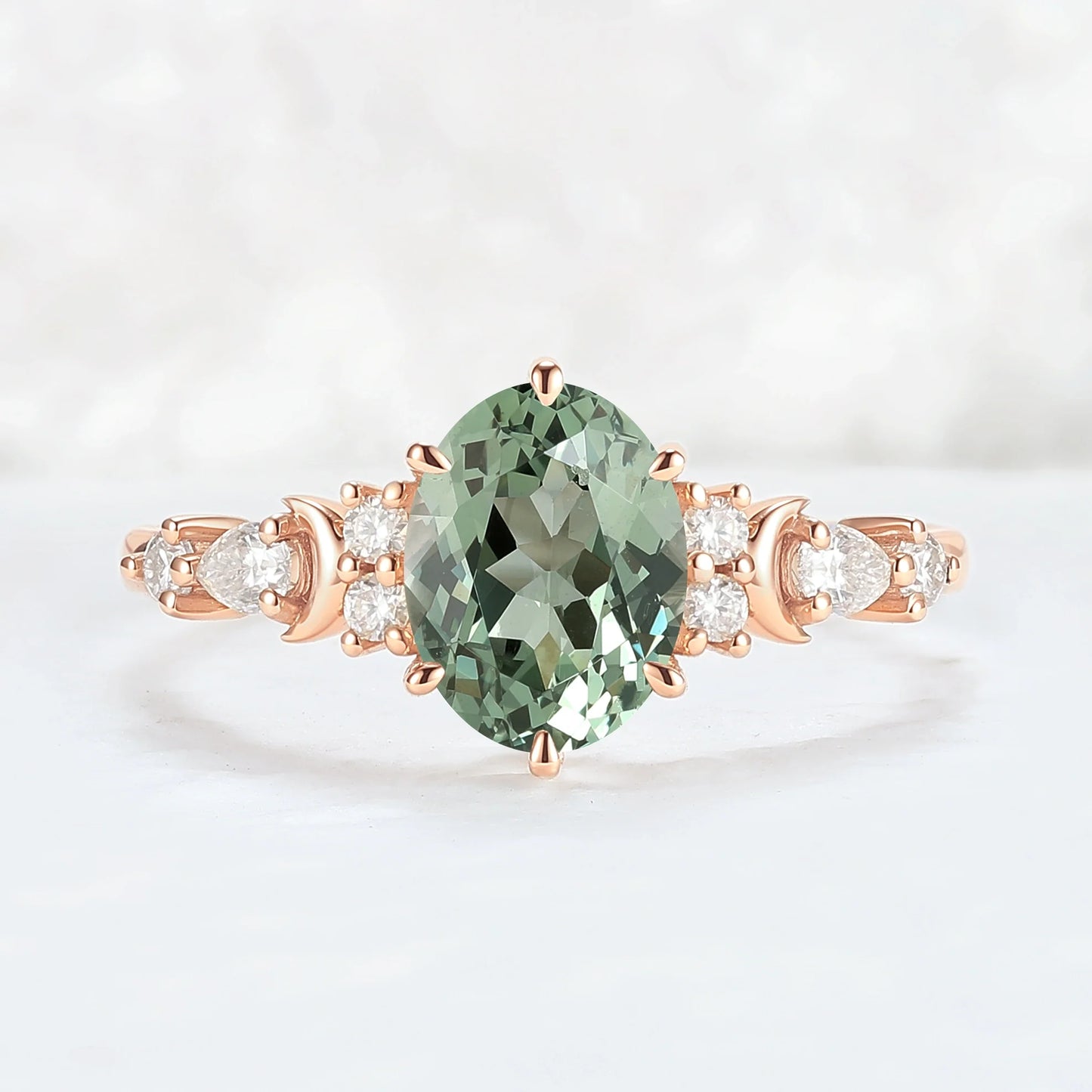 Cluster Oval Green Sapphire Moon Gemstone Ring