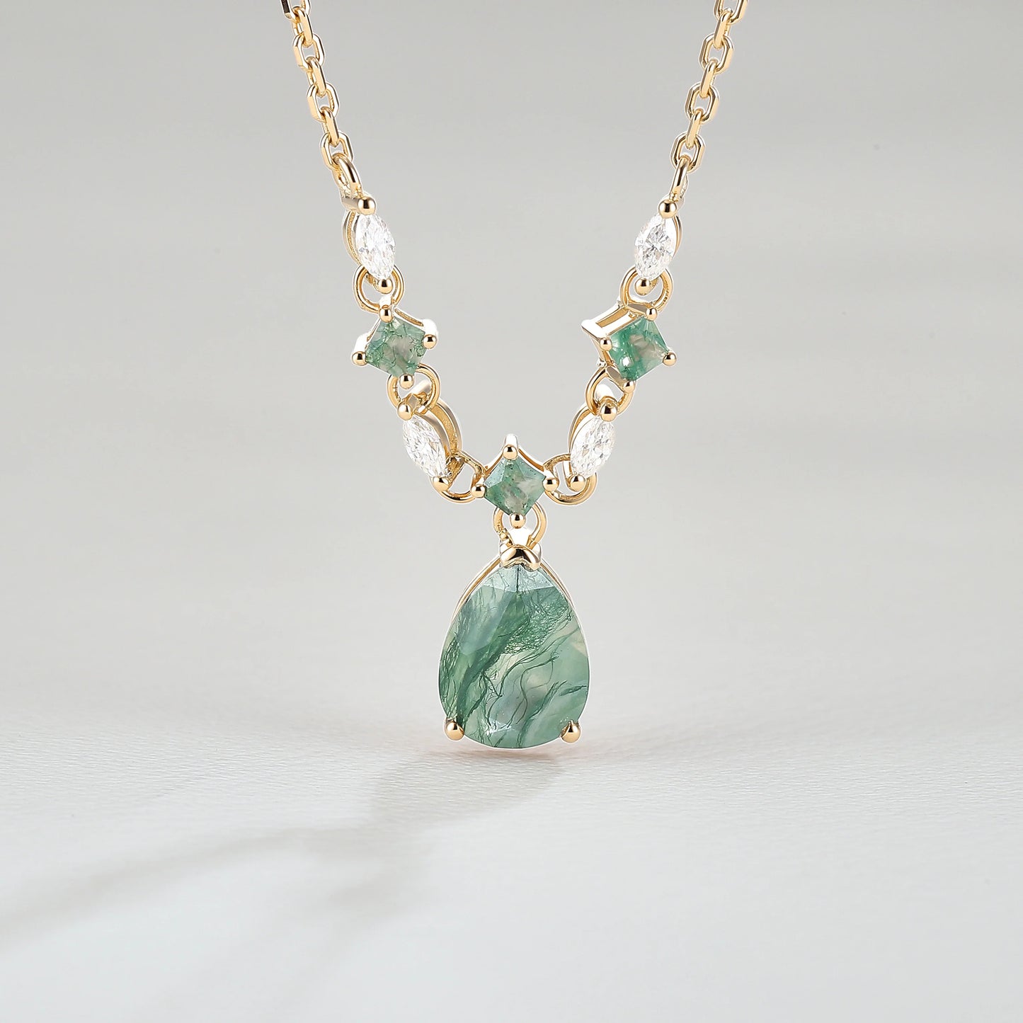 Cluster Pear Cut Moss Agate  and Moissanite Necklace