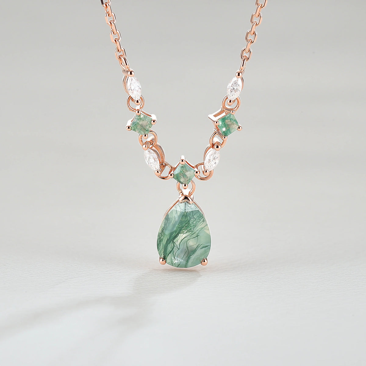 Cluster Pear Cut Moss Agate  and Moissanite Necklace