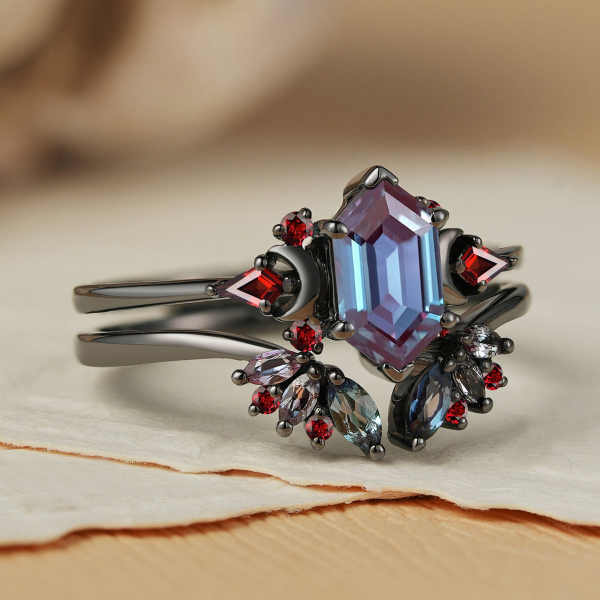 Clutser Hexagon Cut Alexandrite and Garnet Moon Ring Set 2pcs