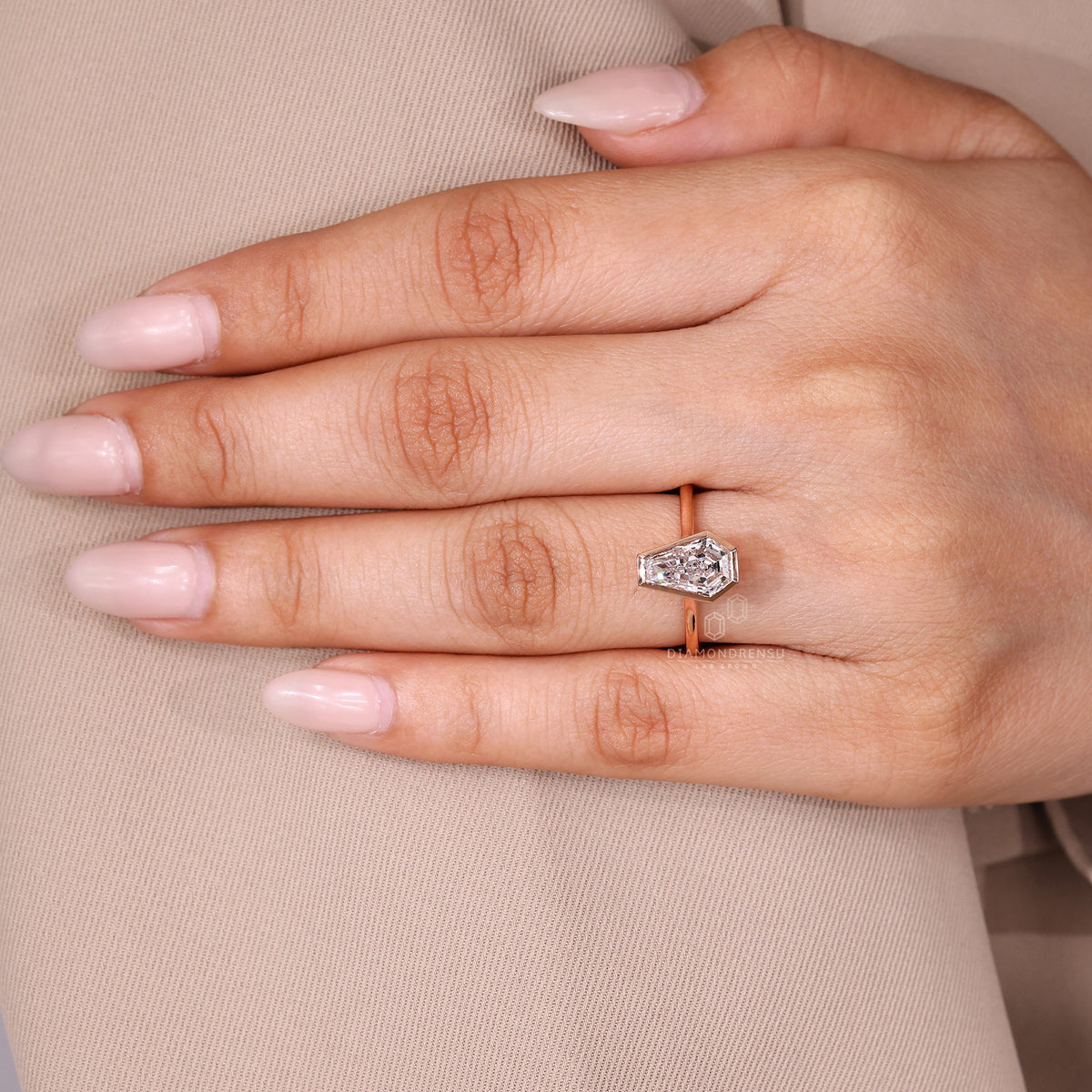 Coffin Cut Solitaire Diamond Ring with Cathedral and Bezel Setting