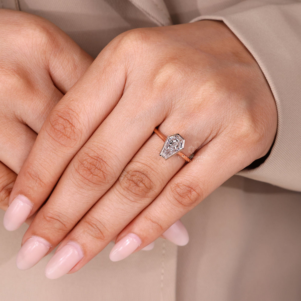 Coffin Cut Solitaire Diamond Ring with Cathedral and Bezel Setting
