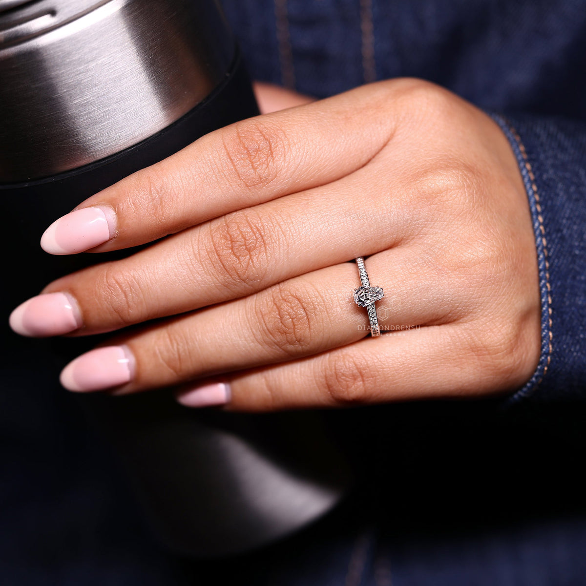 Cathedral Setting Coffin Cut Diamond Ring with Hidden Halo
