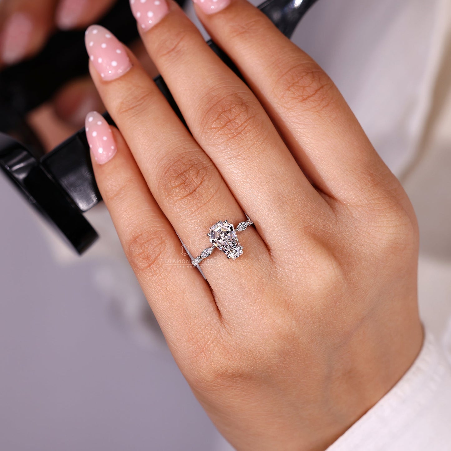 Coffin Shaped Diamond Ring with Marquise Side Stones