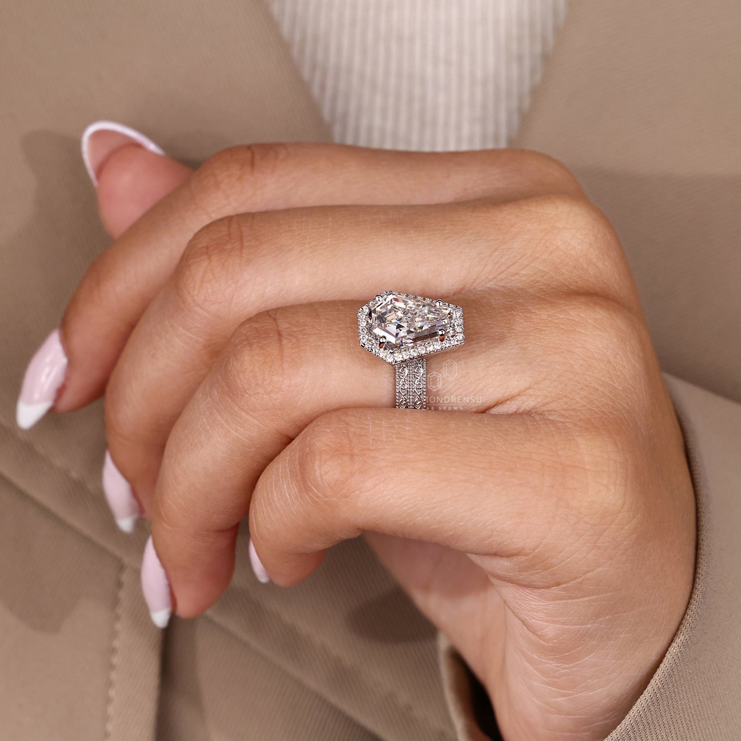 Coffin Cut Engagement Ring with Milgrain Details