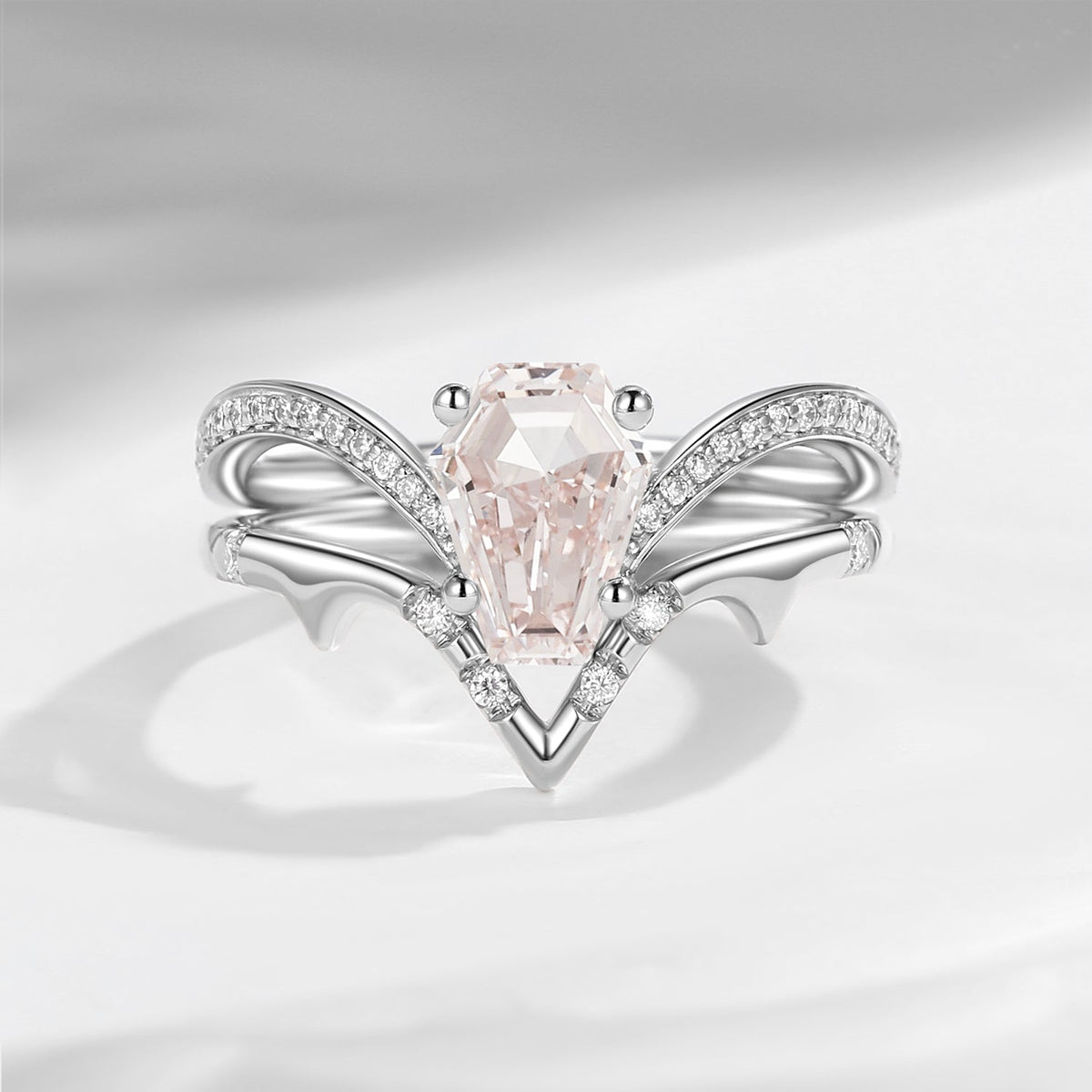 Coffin Cut Lab Pink Diamond Spooky Engagement Ring Set 2pcs - Dainty Bat Ring