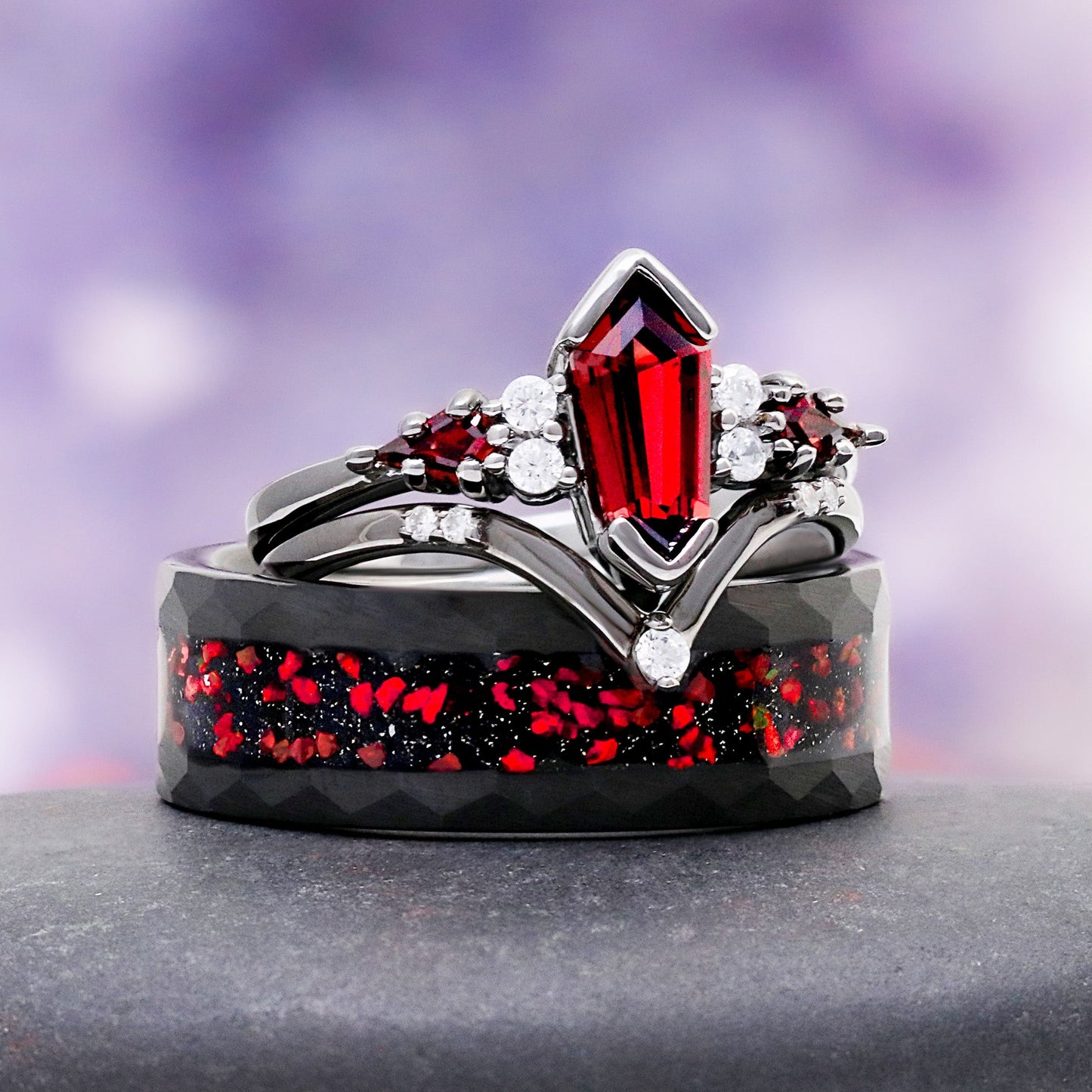 Galaxy Red Fire Opal Hammered Men's Ring in Black Tungsten Carbide (8mm)