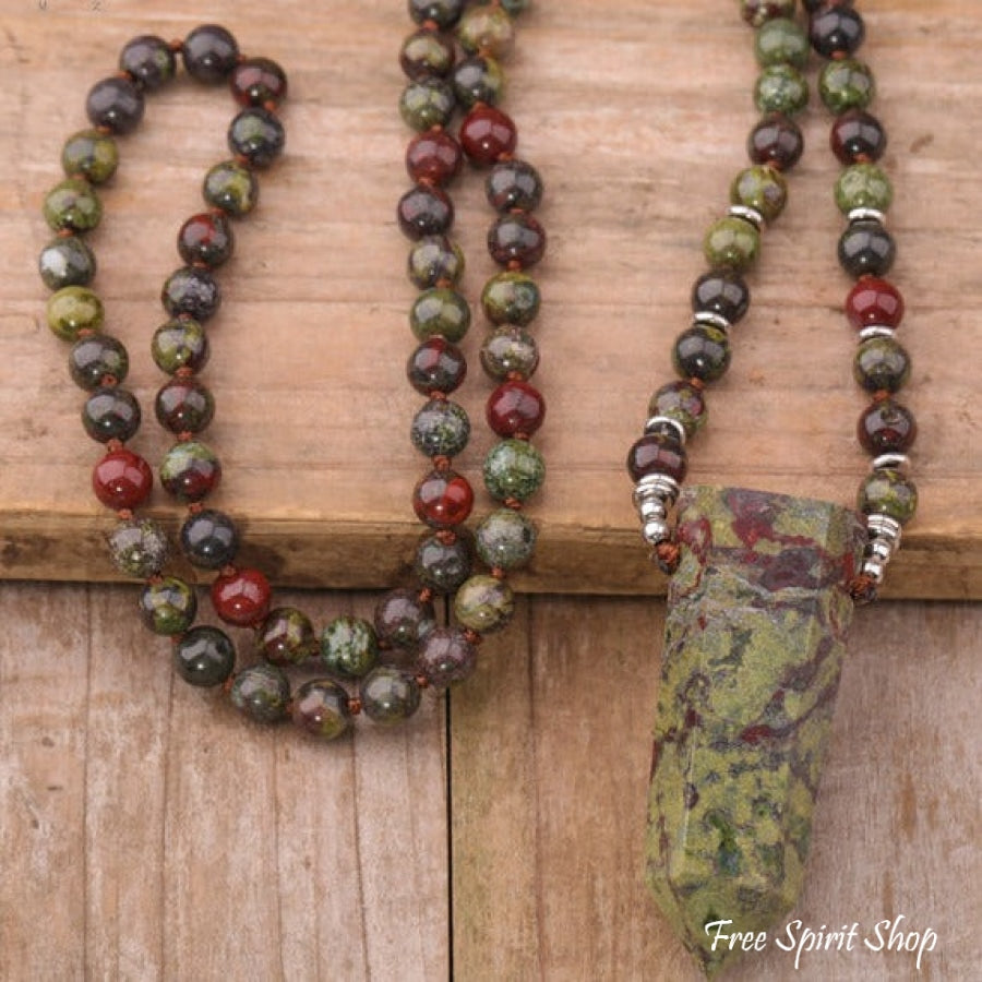 108 Natural Dragon Blood Jasper Mala Bead Necklace With Wandpoint Pendant