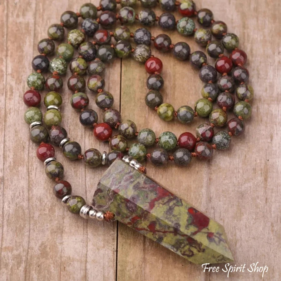 108 Natural Dragon Blood Jasper Mala Bead Necklace With Wandpoint Pendant