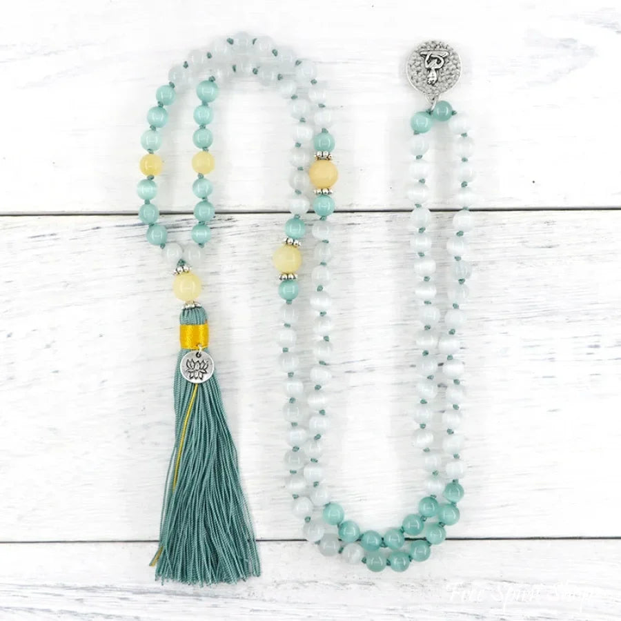 108 Lake Blue Opal & Yellow Jade Mala Bead Necklace