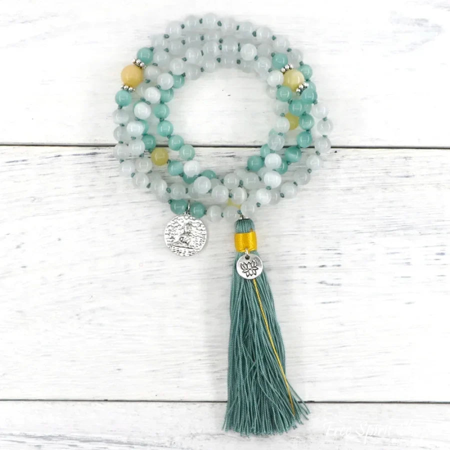 108 Lake Blue Opal & Yellow Jade Mala Bead Necklace