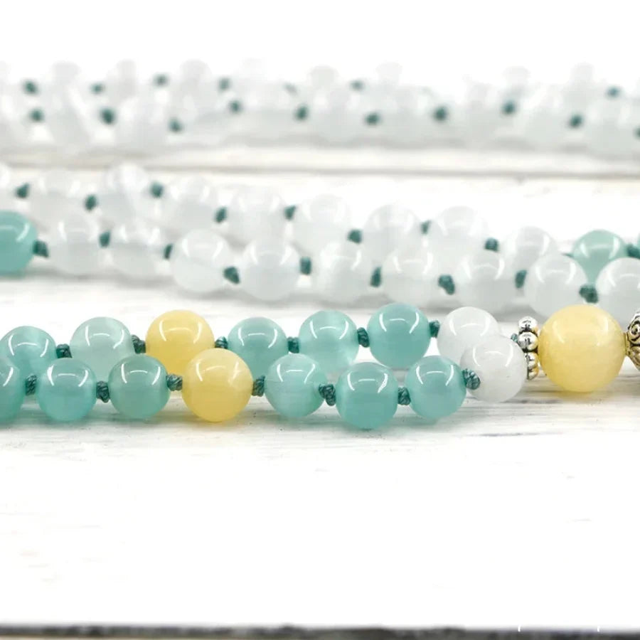 108 Lake Blue Opal & Yellow Jade Mala Bead Necklace