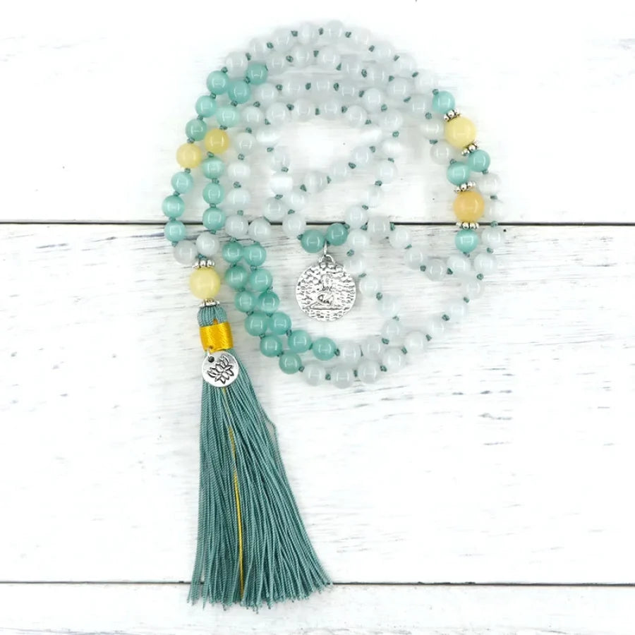 108 Lake Blue Opal & Yellow Jade Mala Bead Necklace