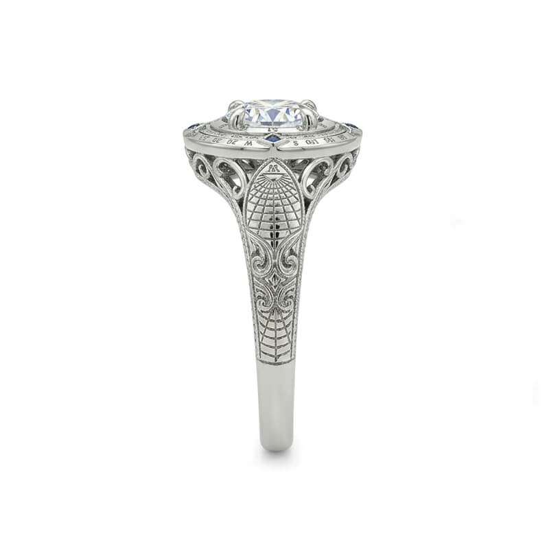 Compass Degree Markings Moissanite Sapphire Accents Engagement Ring