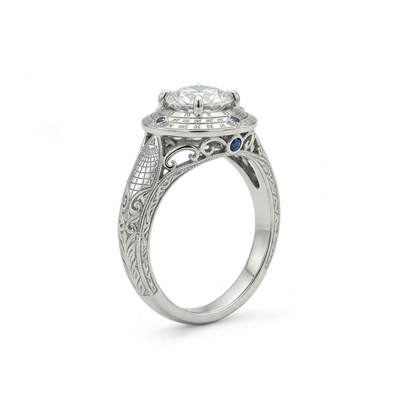 Compass Degree Markings Moissanite Sapphire Accents Engagement Ring