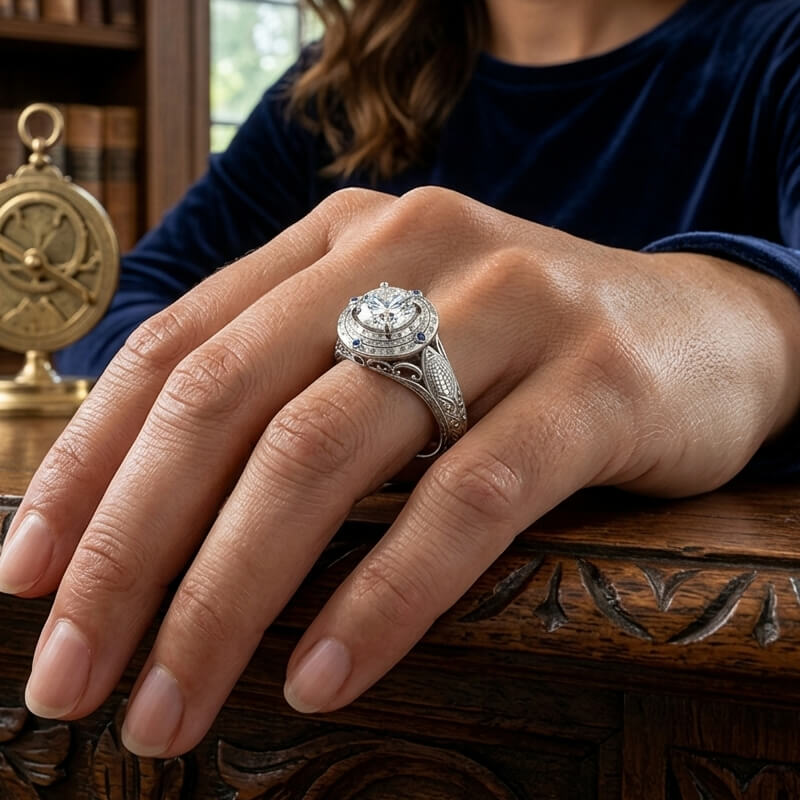 Compass Degree Markings Moissanite Sapphire Accents Engagement Ring
