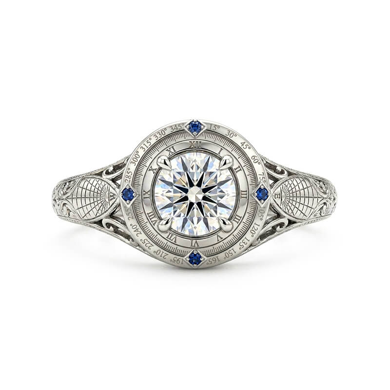 Compass Degree Markings Moissanite Sapphire Accents Engagement Ring
