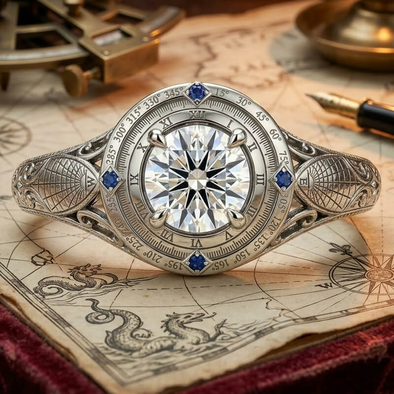 Compass Degree Markings Moissanite Sapphire Accents Engagement Ring