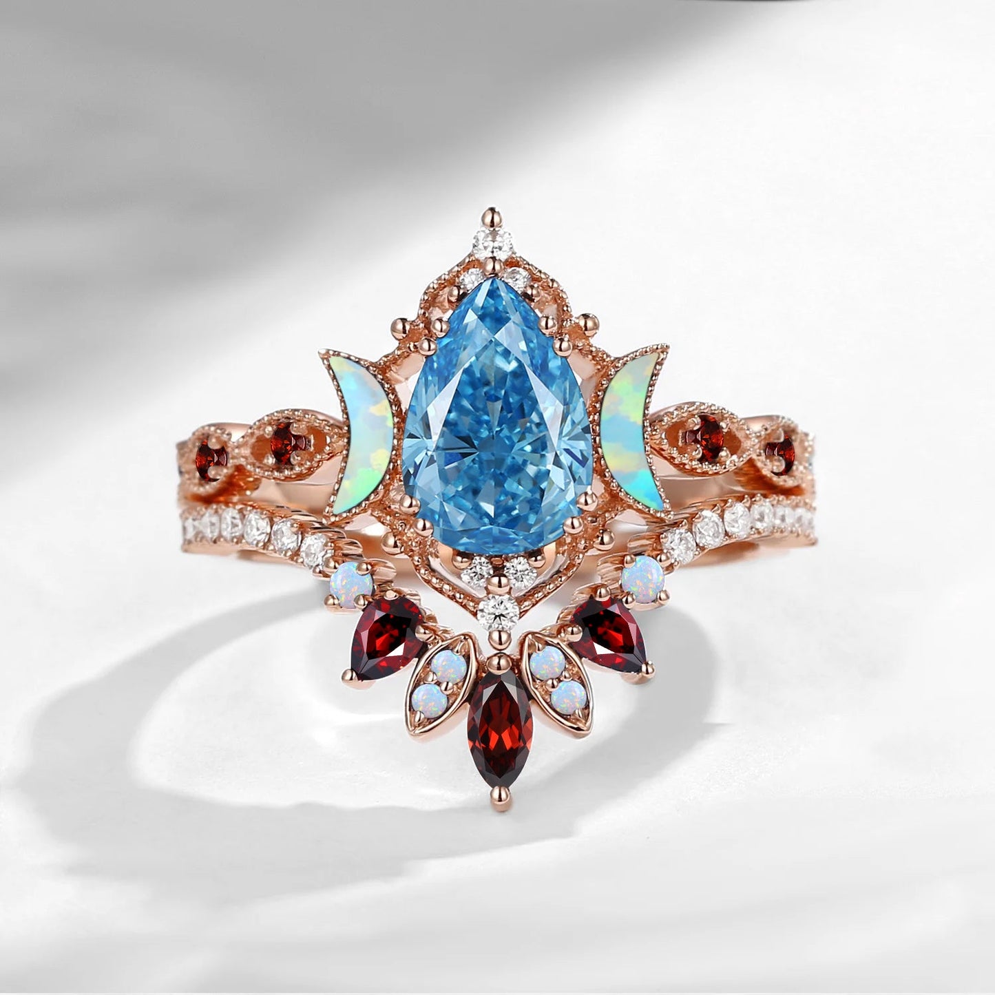 Crescent Moon | Pear Cut Lab Blue Diamond & Opal Moon 'Ultra Galaxy' Engagement Ring Set 2pcs