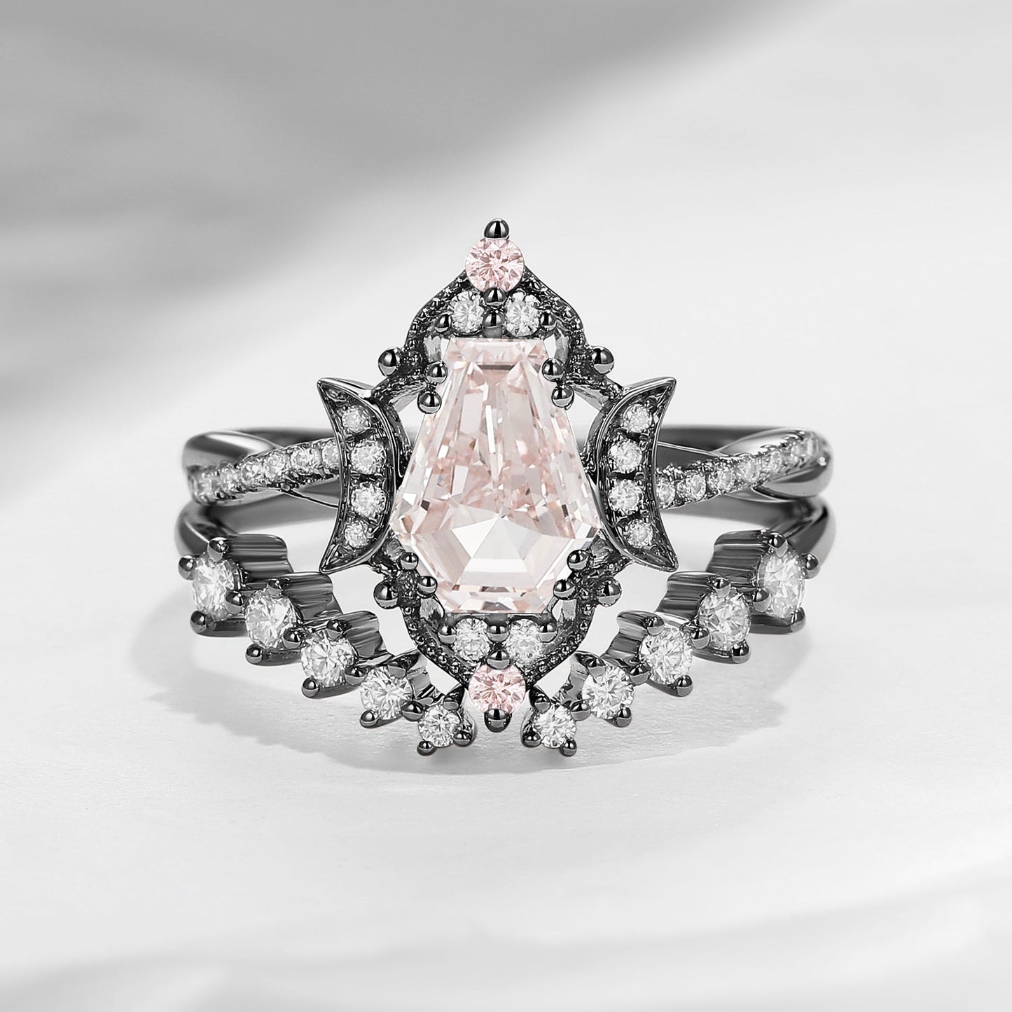 Crescent Moon | Coffin Cut Lab Pink Diamond Engagement Ring Set 2pcs - Infinity Galaxy