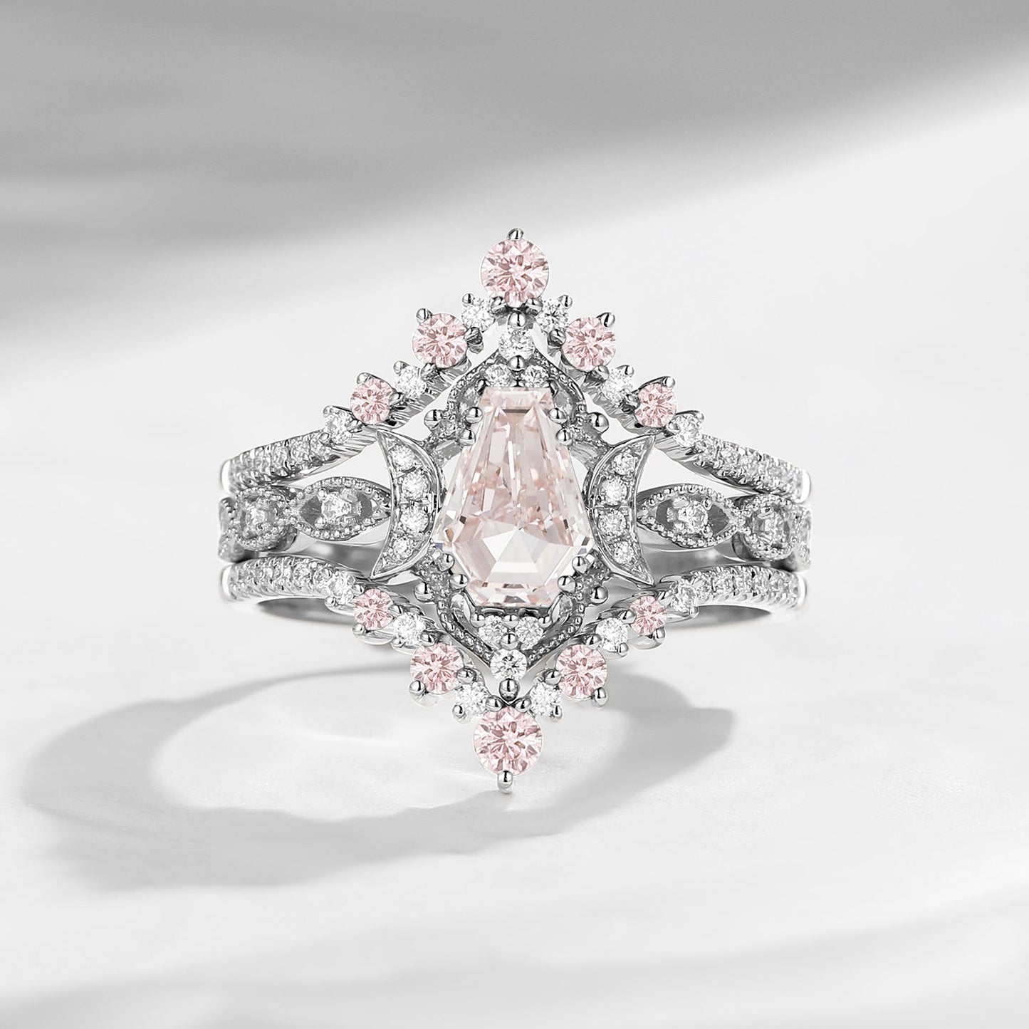 Crescent Moon | Coffin Cut Lab Pink Diamond Engagement Ring Set 3pcs - Till Death Do Us Part