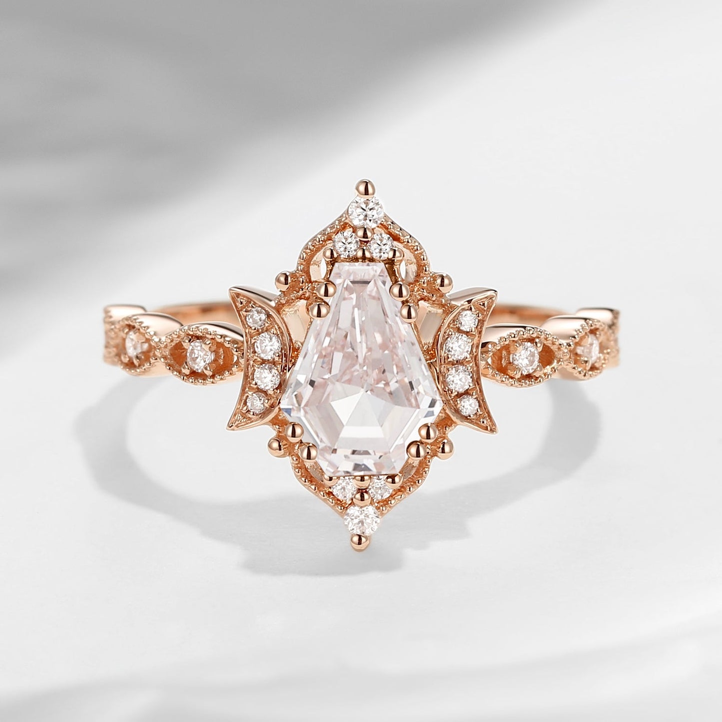 Crescent Moon | Coffin Cut Lab Pink Diamond Milgrain Engagement Ring - Till Death Do Us Part