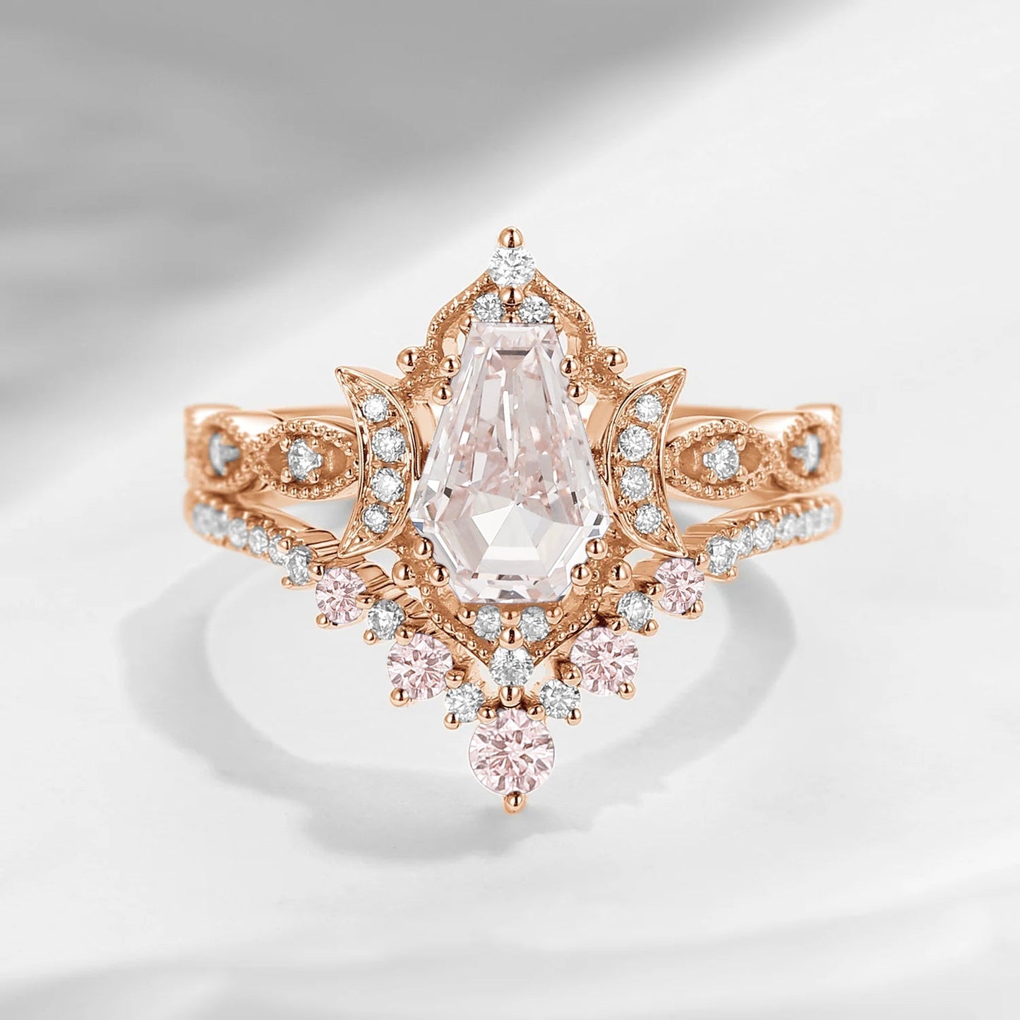 Crescent Moon | Coffin Cut Lab Pink Diamond 'Till Death Do Us Part' Engagement Ring Set 2pcs