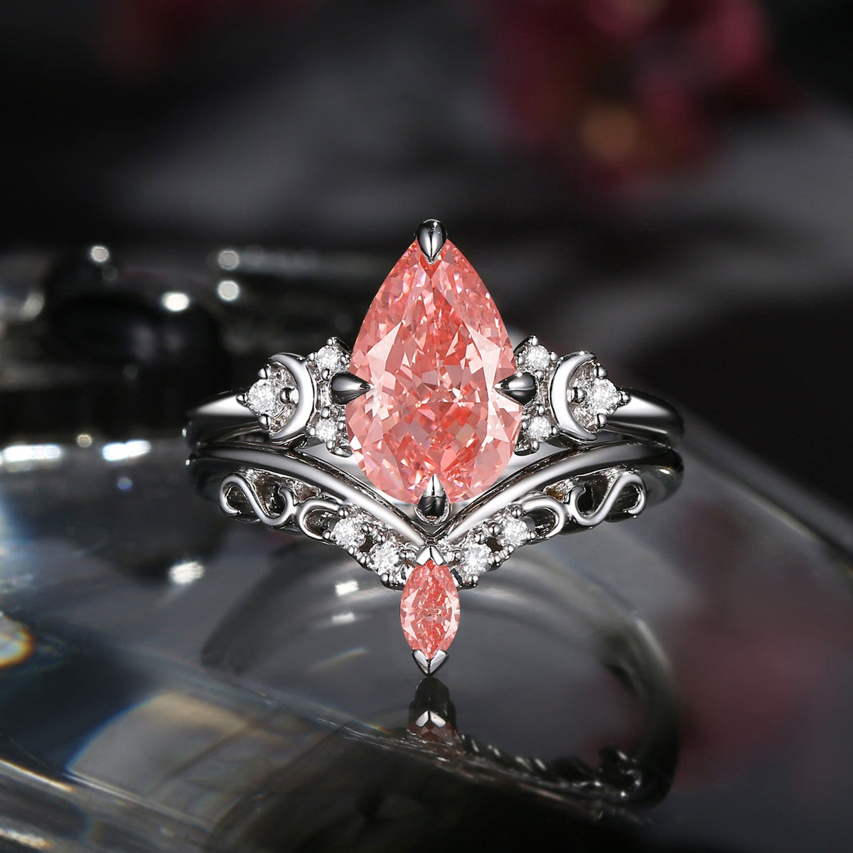 Crescent Moon | Pear Shaped Art Deco Lab Pink Diamond Engagement Ring Set 2pcs