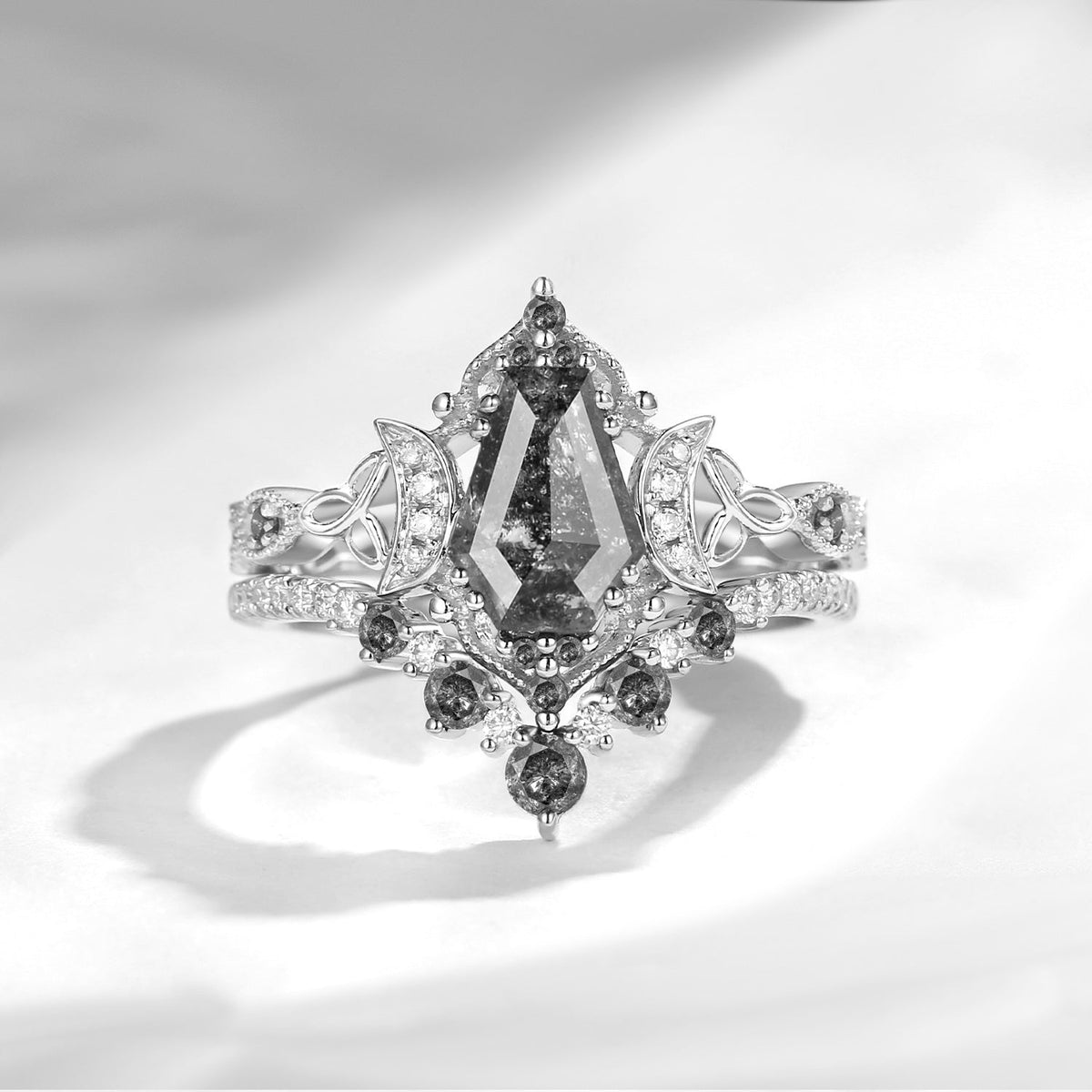 Crescent Moon - Unique Coffin Cut Salt & Pepper Diamond Infinity Celtic Engagement Ring Set