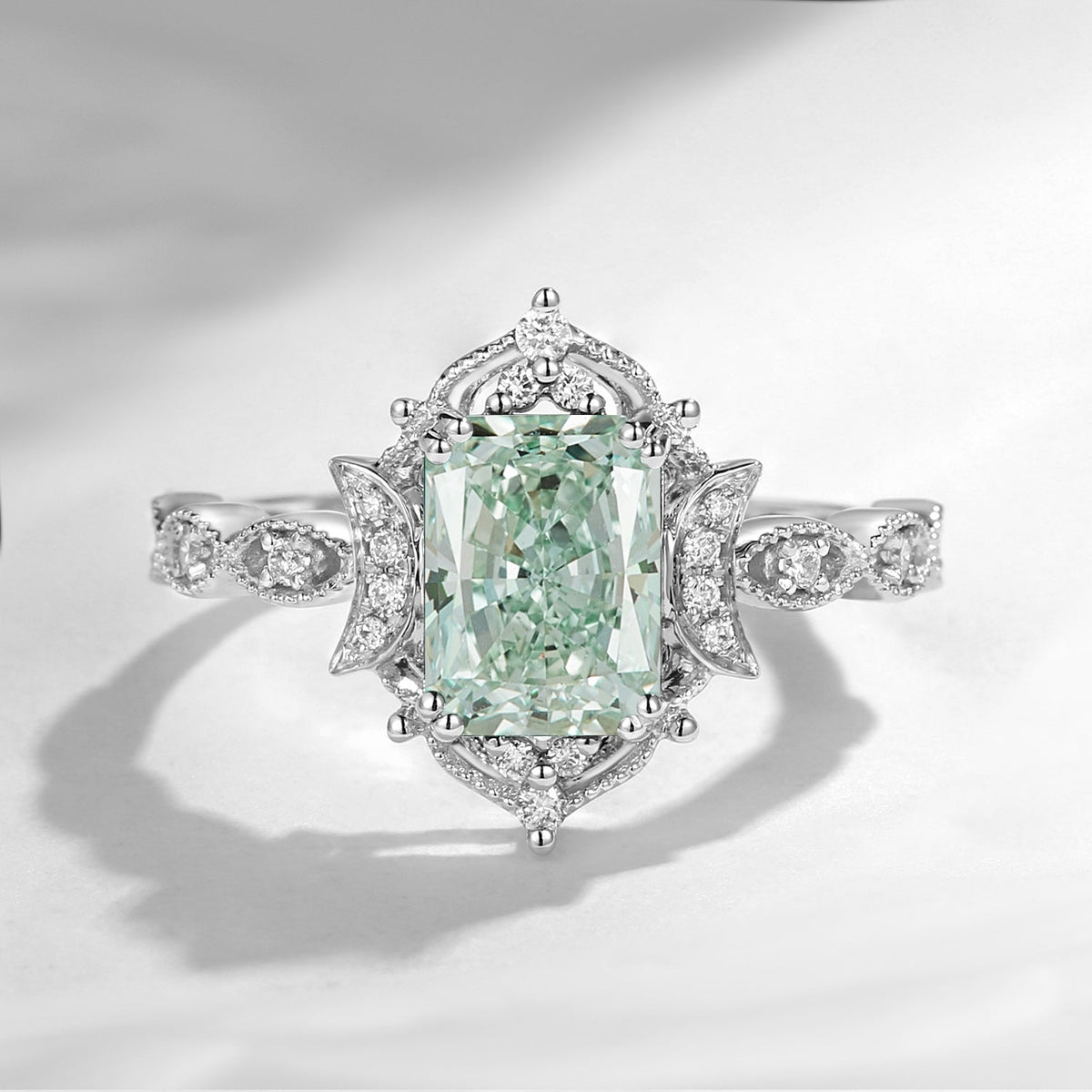 Crescent Moon | Art Deco Radiant Cut Lab Green Diamond Engagement Ring