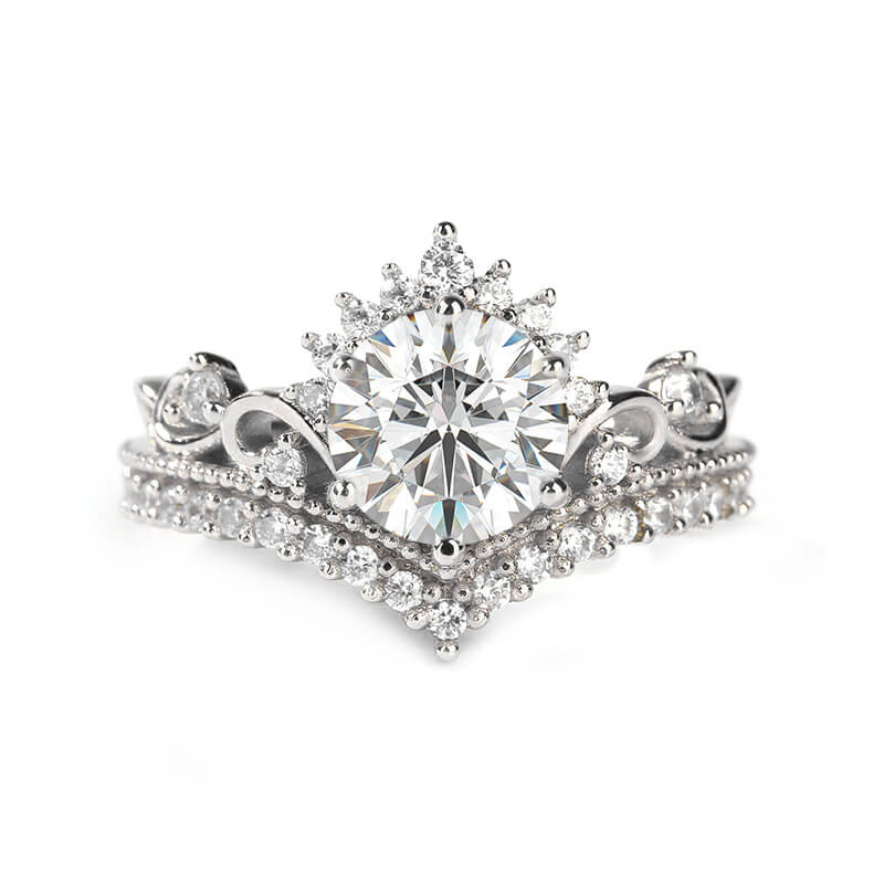 Crown Design Moissanite Scroll Pave Milgrain Engagement Ring