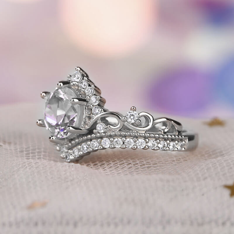 Crown Design Moissanite Scroll Pave Milgrain Engagement Ring