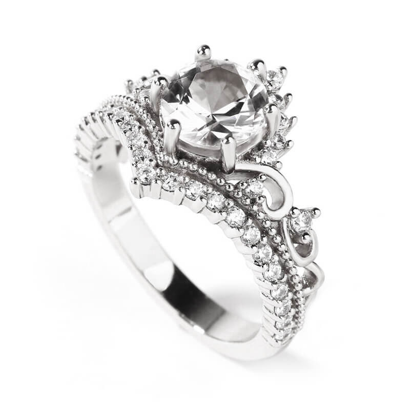 Crown Design Moissanite Scroll Pave Milgrain Engagement Ring