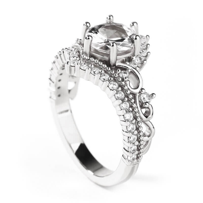 Crown Design Moissanite Scroll Pave Milgrain Engagement Ring