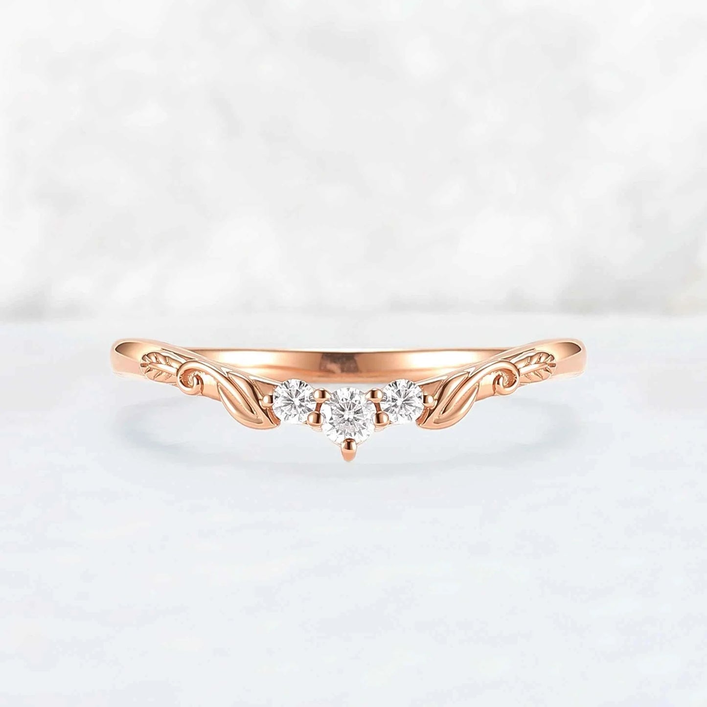 Curved Leafy Round Cut Moissanite Three Stones Wedding Band