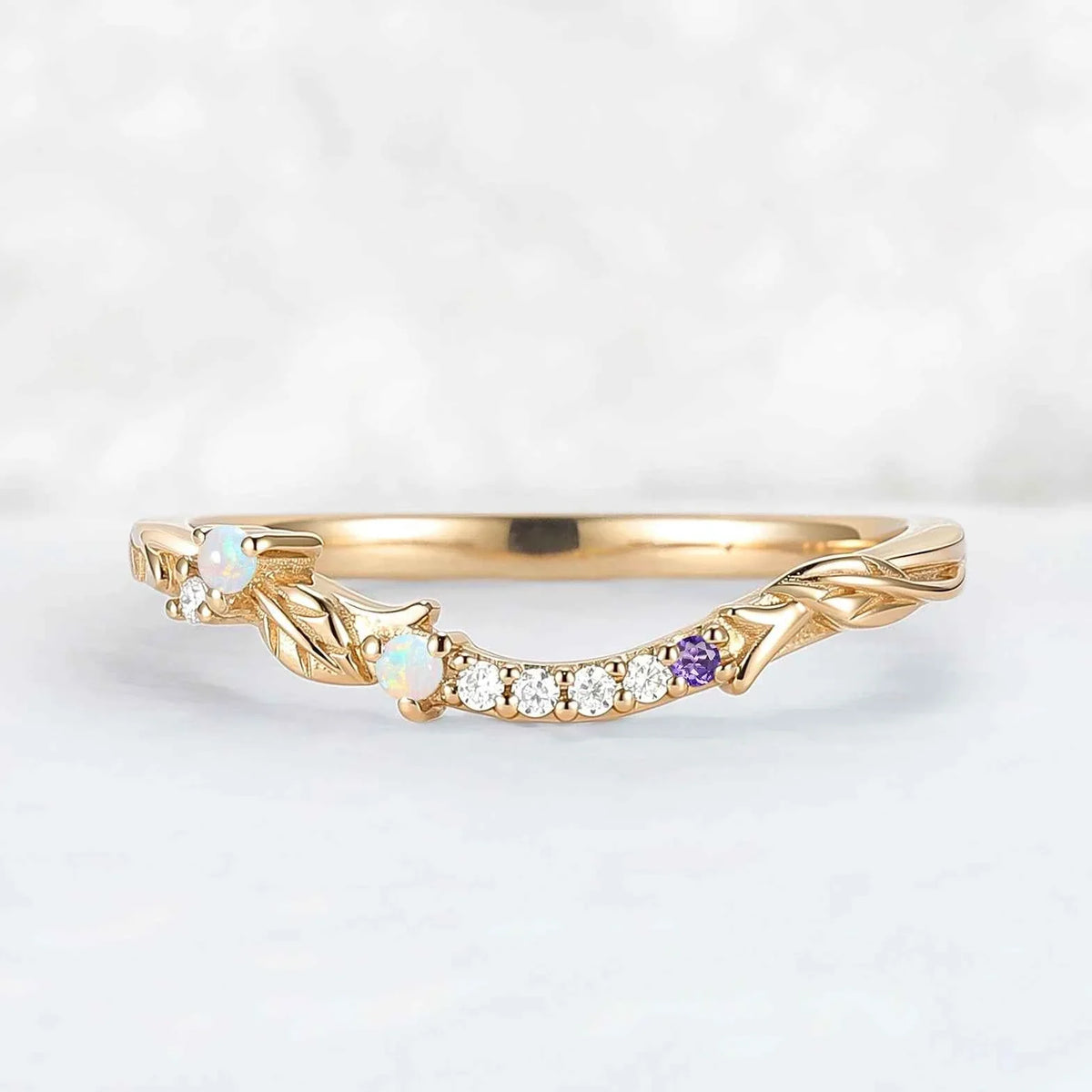 Curved Opal and Moissanite Leafy Wedding Ring