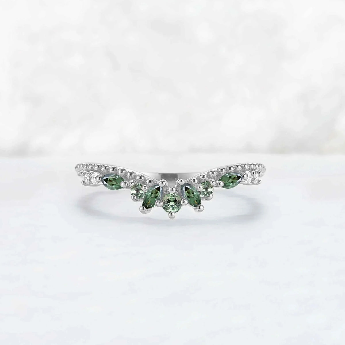 Curved Pear Cut Green Sapphire with Moissanite Wedding Ring