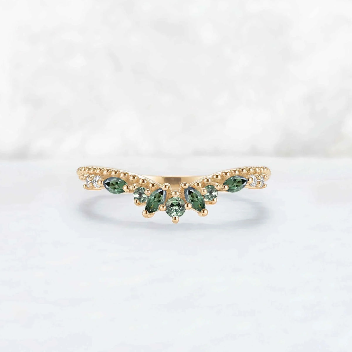 Curved Pear Cut Green Sapphire with Moissanite Wedding Ring