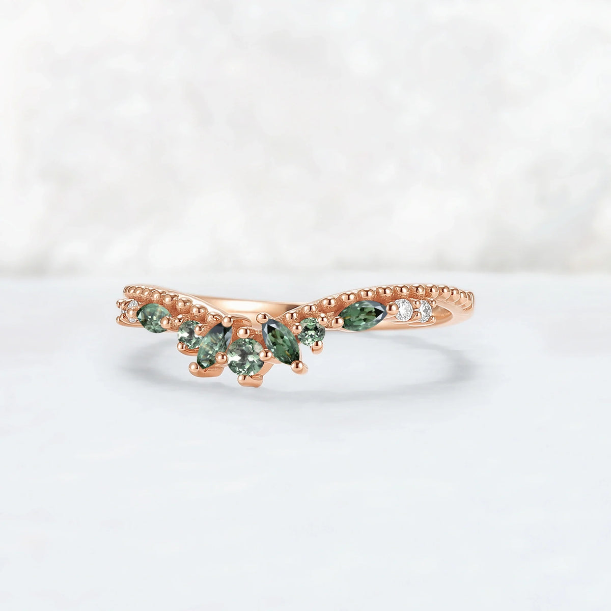 Curved Pear Cut Green Sapphire with Moissanite Wedding Ring