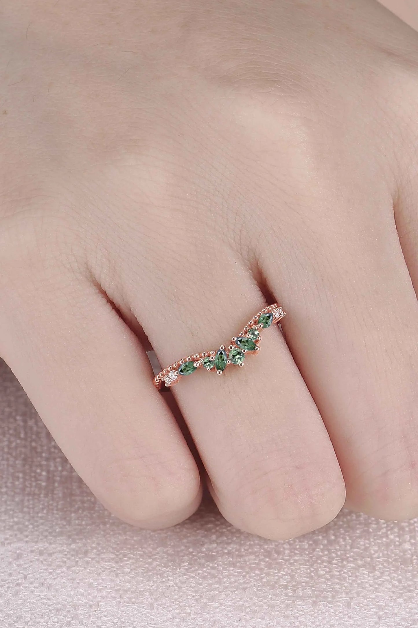 Curved Pear Cut Green Sapphire with Moissanite Wedding Ring