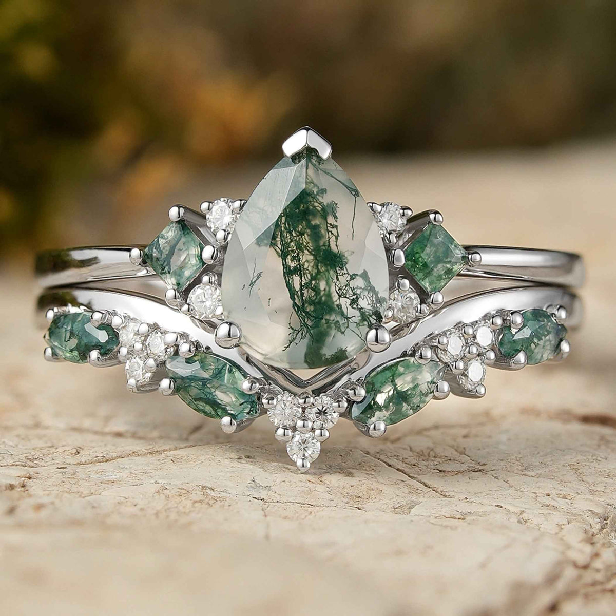 Cluster Pear Cut Moss Agate Seven Stones Silver Ring Set 2pcs