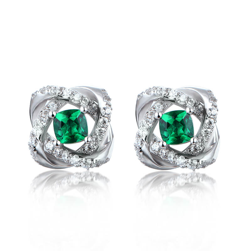 Cushion Lab-Created Emerald Knot Sterling Silver Stud Earrings