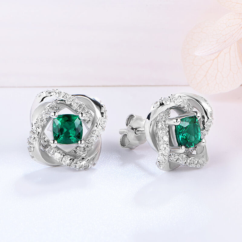 Cushion Lab-Created Emerald Knot Sterling Silver Stud Earrings