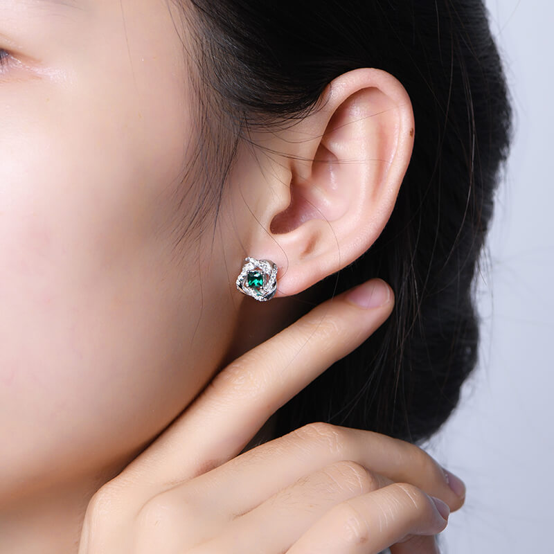 Cushion Lab-Created Emerald Knot Sterling Silver Stud Earrings